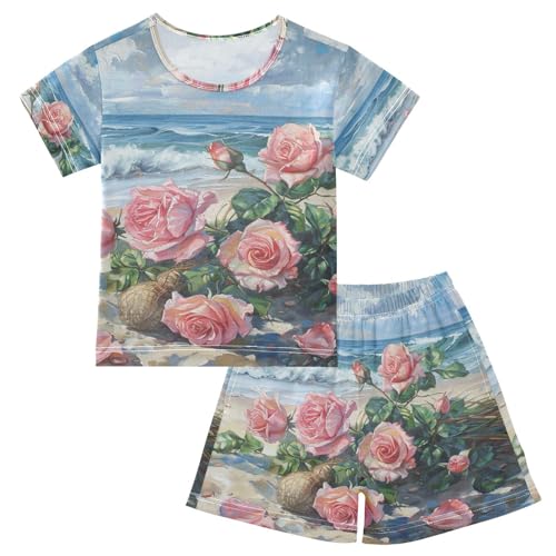 ALAZA Roses on The Summer Beach Pajama Set Short Sleeve Sleepwear Soft Lounge Nightwear