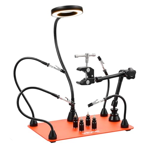 VEVOR Troisième Main Soudure à 4 Bras, Station Aide de Soudage Magnétique, avec Lampe Loupe LED 3X, 4 Piliers de Circuit Imprimé, Support de Pistolet à...
