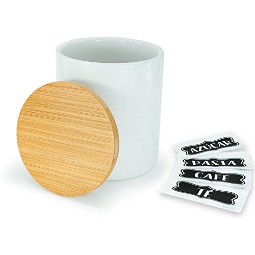 HAND-PRO Salero cerámica Blanco Salero y Azucarero de Cocina (+5 Pegatinas) Salero con Tapa de bambú Saleros de Cocina Saleros de Cocina Original