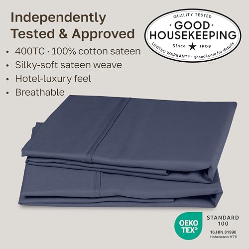Image of California Design Den King Size Pillowcase Set - 400 Thread Count, 100% Cotton Sateen, Set of 2 Pillow Covers, Soft and Breathable - Indigo Dusty Blue