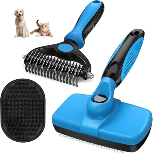 3PCS Self Cleaning Slicker Brush & Pet Grooming Rake & Bath Brush for Dogs and Cats | Double-Sided Dematting Pet Comb & Skin Friendly Deshedding Grooming Tool | Premium Pet Supplies (Black & Blue)