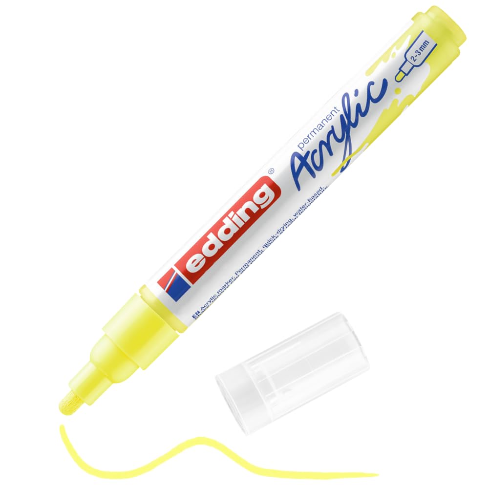 edding 5100 marcador acrílico de trazo medio - amarillo neón - 1 rotulador acrílico resistente al agua - punta redonda 2-3 mm - pintura acrílica para lienzo, papel kraft, madera y piedra