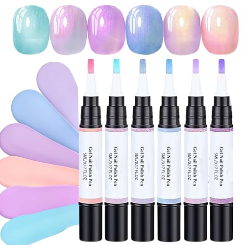 6Pcs Gel Nail Polish Pens - One Step Nail Polish Pens UK - Pink Purple Blue Pearl Nail Varnish Pens - No Need Base Coat Nail Art Pens for DIY Salon UV Lamp Required