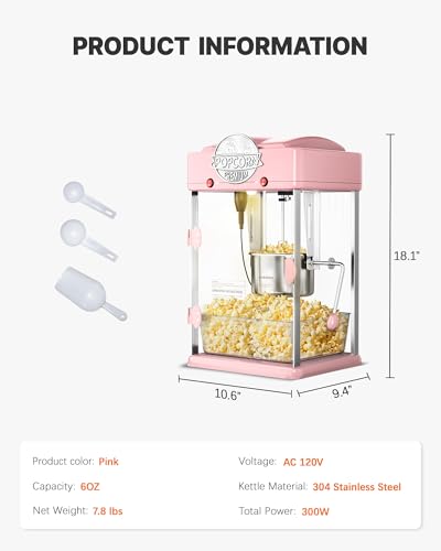 Image of 6 Oz Popcorn Machine, Tabletop Popcorn Maker, Countertop Pop Corn Machine, Movie Theater Popcorn Popper Machine with Stainless-Steel Kettle, Measuring Tool for Home Family, 300 W, Pink
