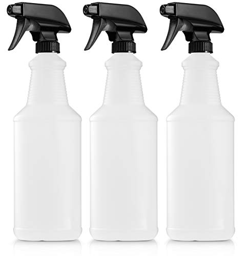 Empty Plastic Spray Bottle 32 Ounce, Professional Chemical Resistant with Black Sprayer, Heavy Duty, Adjustable Head Sprayer from Fine to Stream (Pack of 3)