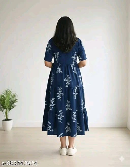 Image of Women's Rayon A-Line Midi Dress, Floral Print, Short Sleeves, Tiered Design, Round Neck, Summer Wear