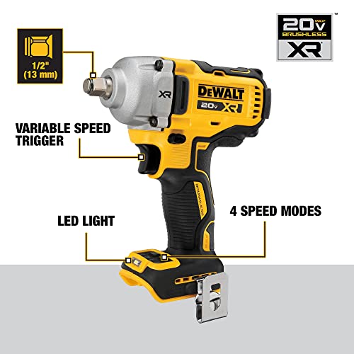 Dewalt 20V Max Cordless Impact Wrench, 1/2" Hog Ring, Includes Led Work Light And Belt Clip, Bare Tool Only (Dcf891B) #TOP1