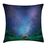 ABAKUHAUS Chalet Housse d'oreiller, Chalet dans la vallée sous Les étoiles, Les Couleurs ne pourrissent Pas Le Tissu Lavable, 40 x 40 cm, Indigo et Vert Chasseur