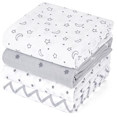 Image of PHF 100% Cotton Muslin Baby Swaddle Blanket, 4 Pack Ultra Soft Baby Muslin Blanket for Baby Girls and Boys, Unisex Receiving Blankets Swaddle Wrap for Newborns, Large 47x47 inches, White Grey Star
