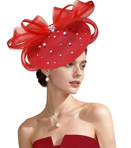 Kgromfy Tea Party Hat for Women Fascinator Hat Elegant Church Hats Wedding Headband Luxury Fancy Hat Lady Headwear for Derby Cocktail Dress Up Party Formal Events M27-Red