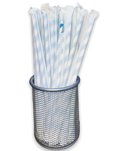 Pajitas biodegradables de papel azul y blanco, 200 pajitas desechables envueltas individualmente para suministros de fiesta, cumpleaños, bodas y Navidad, pajitas reciclables para café y jugo, 6 mm x
