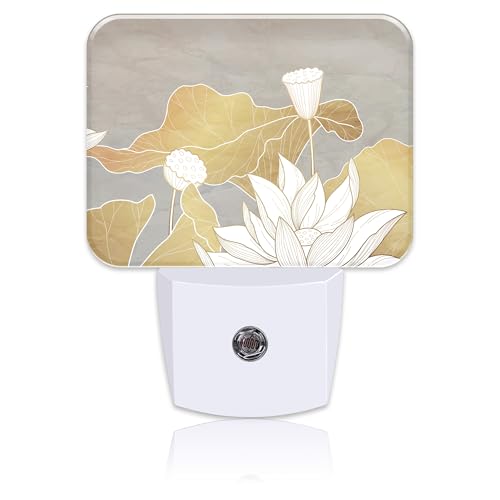 Image of Luxury Water Lily Flowers Night Light Plug into Wall, Golden Lotus and Leaves Night Light with Dusk to Dawn Sensor for Kid Girls Boys Women Men Room, Hallway, Kitchen, Bathroom, Stairs Decor