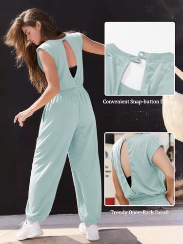 Outfeel Women's Casual Jumpsuit Crewneck Cap Sleeve One Piece Outfits Open Back Button Drawstring Jogger Romper with Pockets Aqua Blue Medium — view 3
