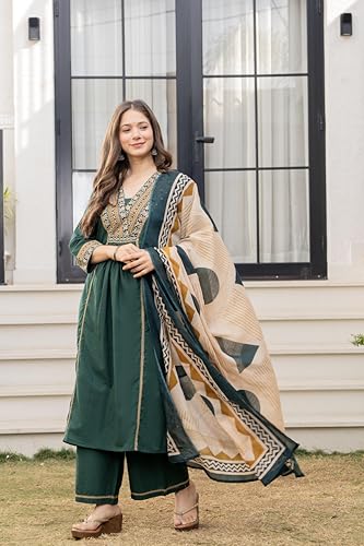 Image of MEERA FAB Women Floral Printed Pure Cotton Straignt V-Neck Kurta with Trousers & Dupatta