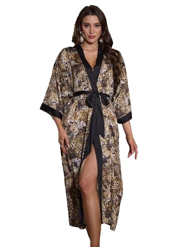 Kihnop Women's Floral Long Kimono Robe Long Satin Robe Long Silk Robe Ladies Kimonos Silky Bathrobe Cover Up, One Size
