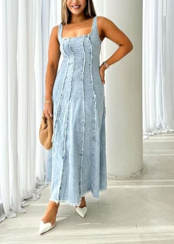 Image of chouyatou Women's Adjustable Spaghetti Strap Maxi Long Denim Dress A-Line Swing Distressed Jean Sun Dress