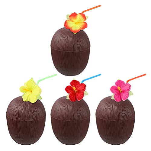 ABOOFAN 4 Pièces Tasses De Noix De Coco Hawaï Partie Tasses De Noix De Coco Tasse D' Eau D' été Beach Party Fournitures pour Hawaii Partie avec Fleur Pailles (Café)