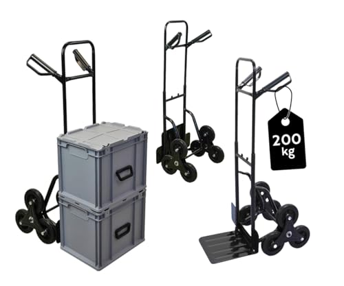 PROREGAL Treppensackkarre Odin | HxBxT 111x60x43cm | Tragkraft 200kg | Hartgummi-Bereifung | Stahlrahmen | Schwarz | Transportkarre Staplerkarre klappbar