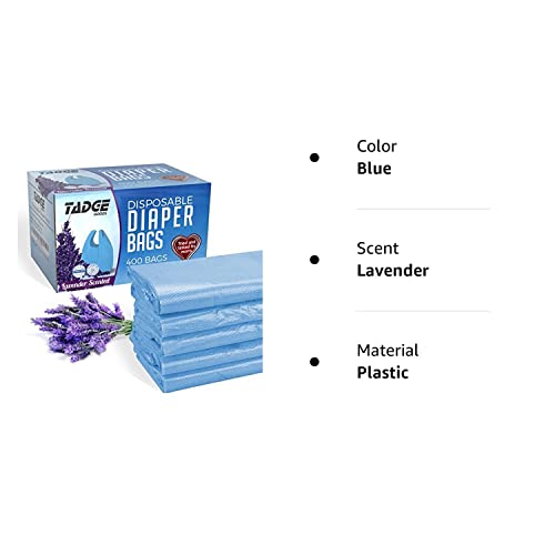 Tadge Goods Baby Disposable Diaper Bags 400 Pack Scented With Lavender - Odor Absorber Biodegradable Plastic Diaper Sacks For Trash Bag Essential Items - Bags For Dirty Diapers - Refill 400 Count #TOP6