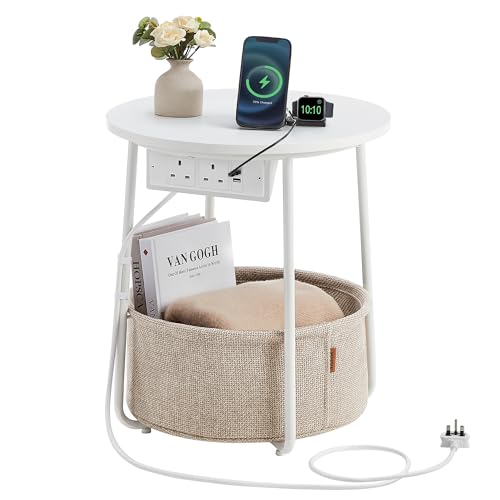 VASAGLE Side Table with Charging Station, Round End Table with Power Outlets, USB Ports, Fabric Basket, Living Room, Bedroom, Bedside Table, Modern, Matte White and Camel Brown LET228W03