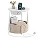 VASAGLE Side Table with Charging Station, Round End Table with Power Outlets, USB Ports, Fabric Basket, Living Room, Bedroom, Bedside Table, Modern, Matte White and Camel Brown LET228W03
