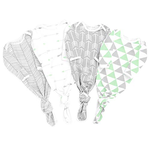 BaeBae Goods Knotted Baby Sleep Gowns for Baby Boys and Girls, 4 Pack for Babies 0-6 Months, Quick Tie Cotton Sleepers (Green Triangles) Swaddle Knot Night Gown