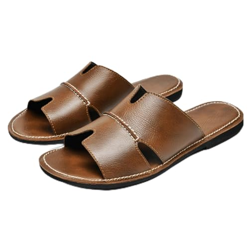 Men's Genuine Leather Flat Sandals Summer Classic Round Toe Slip-On Soft Sole Beach Walking Slippers