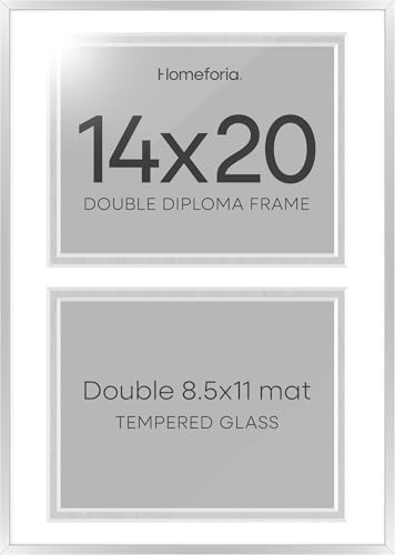 Image of Homeforia 14x20 Double Diploma Frame Silver, High End Metal 14 x 20 Certificate Frames with Mat for Two 8.5x11 inch Diplomas, 20by14 Dual Award Degree Matted Frames, Tempered Glass, Wall Kit, Set of 1