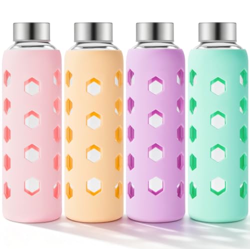 Mrsdry Glass Juice Bottles with Lids and Silicone Sleeves 18 oz 4-Pack Reusable Clear Glass Water Bottles with Stainless Steel Airtight Cap for Juicing Refrigerator BPA Free Leak-Proof Drinking Jar
