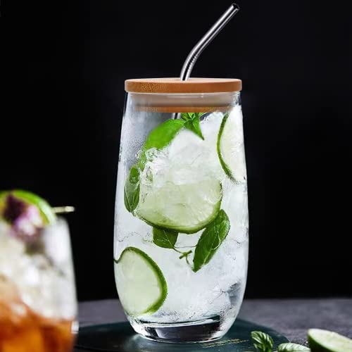 Encheng Highball Glasses Set Of 6, Drinking Glass Beverage Cups,16 0Z Tall Water Glass Tumblers With Straws And Bamboo Lids,Clear Glass Cups For Kitchen,Party,Cocktail,Juice,Soda,Beer,Whiskey #TOP4