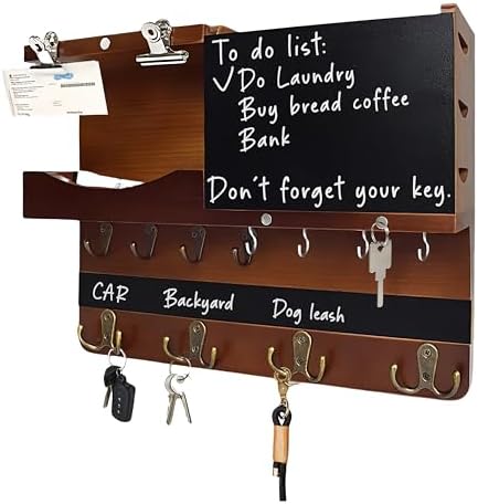 Farmhouse Key Holder Wall Mount with Sunglasses Storage, Dog Leash Hanger, 4 Double Hooks, Chalkboard, Shelf & Basket - Decorative Entryway Organizer