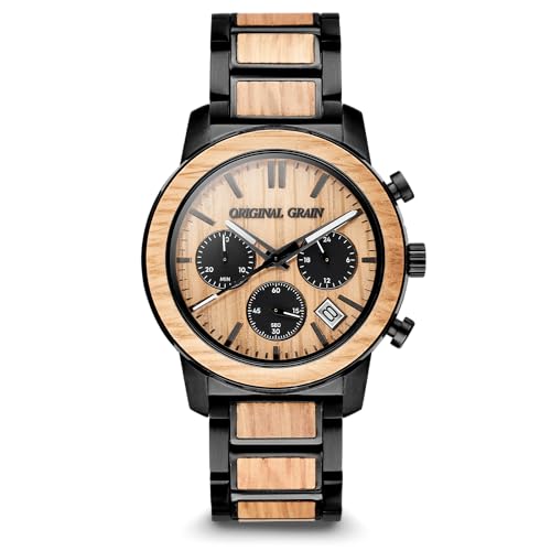 Original Grain Whiskey Black Barrel Chrono 42mm | Epson Movement Black Stainless Steel Adjustable Watch Band | 5ATM Water-Resistant | Whiskey Barrel Wood