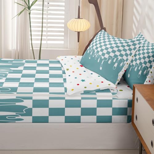 Image of Light Blue Checkered Full Lightweight Zipper Bedding Set,Checkerboard Drip 4 Piece Comforter with Fitted Sheet & Pillowcases,Indie Aesthetic Funky Modern Geometric All Season for Kids Zip Up Blanket