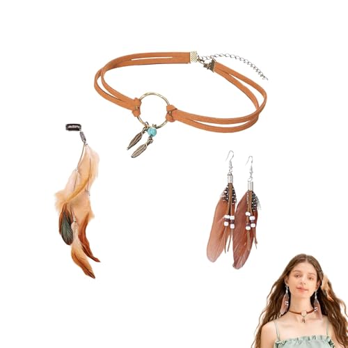 Pendientes de plumas bohemios + Set de joyería vintage mujer + diseño con flecos elegantes + 4 piezas + multicolor + talla única