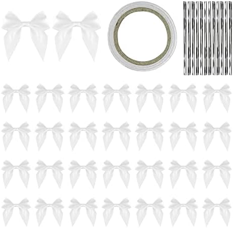 WisePoint Satin Ribbon Bows 30pcs, 7cm Mini Bows with Double-Sided Adhesive Tape and Gift Wire, Silk Self Adhesive Bows for Decorate Gifts, DIY Packaging, Toys, Wedding, Party (White)