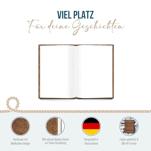 XXL-Notizbuch Weltkarte, DIN A4: Tagebuch, Blanko Note Book, Journal für Notizen, Kunstleder Einband, Hardcover, 164 leere Seiten, Geschenk Vintage, Terminplaner, Reisetagebuch, Journaling Buch