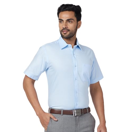 Image of Raymond Men Contemporary Fit Solid Pattern Pure Cotton Semi Cutaway Collar Half Sleeve Formal Shirt