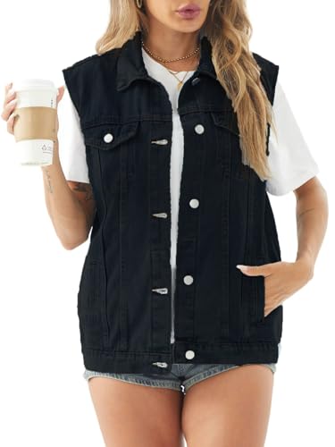 CHBAZH Jean Vest for Women Classic 2025 Sleeveless Denim Jacket(Black,M)