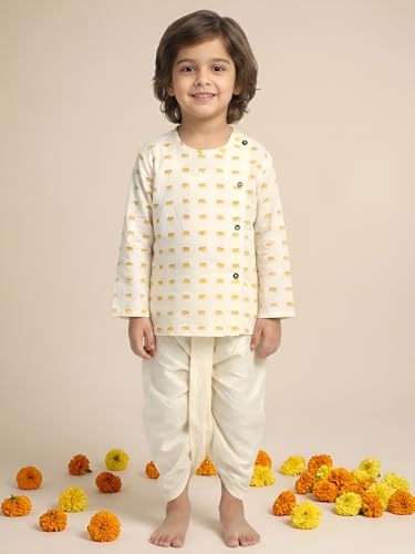 Image of POLKA TOTS Premium Cotton Dhoti Kurta Set for Kids Boys | Traditional Angrakha Style Ethnic Wear for Boys | Kurta Dhoti Set for Kids | Festive & Wedding Clothing Set for Baby