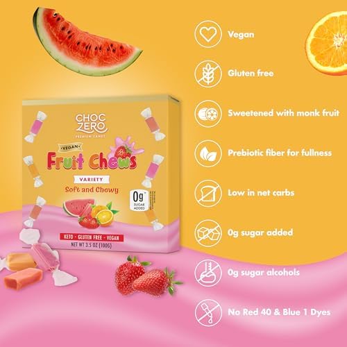 ChocZero Chewy Candy Variety Pack, Sugar Free, All Natural, Vegan, Orange Strawberry and Watermelon Candy, 3.5 Ounce (Pack of 1)