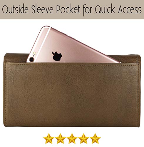 Image of Women's Top Grain Leather Wallet, RFID Blocking Bifold clutch, 17 Card Slots, Zip Pocket Organizer, Elegant Gift for Women - Birthday, Anniversary - Washed Olive Green