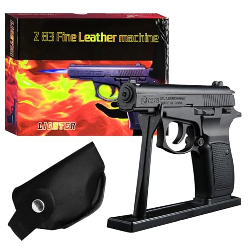 Image of Z83 Lighter with Barrel Half Pull Back Heavy Metal Made Black Color Gun Shape Gas Lighter with PU Holster | Dummy Gun Jet Flame Butane Refillable Lighter