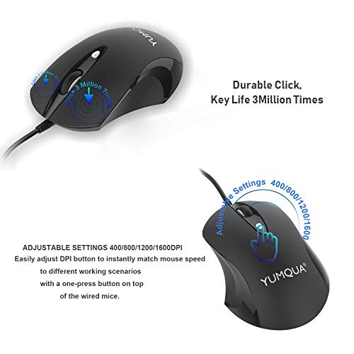YUMQUA SB189-E Mouse con Filo, 4 Pulsanti, DPI Fino a 1600, Mouse Ottico con Cavo USB per Laptop PC Computer Mac, Confezione da 2