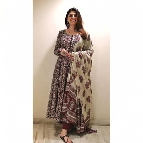 Image of Nermosa Women Printed Anarkali Kurta and Pant Set with Dupatta | Printed Kurta Set | Cotton Suit | Women Kurta Sets |
