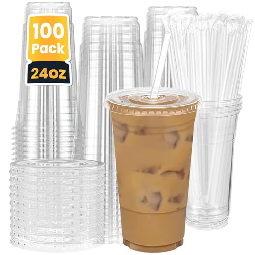 100 Pcs 24 oz Plastic Cups With Lids and Straws, Disposable Clear Plastic Cups With Lids for Iced Coffee, Cold Drinks, Smoothie and Milkshake, Ideal for Home Party Cateing & Small Bussiness