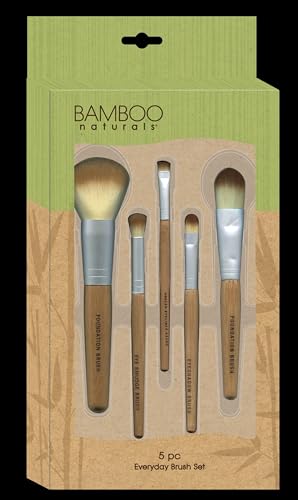 Bamboo Naturals 5-Piece Makeup Brush Set, Wooden Bamboo Handles, Includes Brushes for Powder Foundation, Liquid Foundation, Eyeshadow, Smudge, and Angled Eyeliner, Easy to Clean