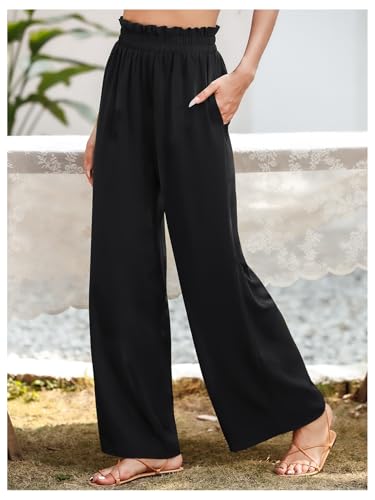GORGLITTER Women's Wide Leg Pants High Waisted Frill Trim Loose Trousers Bottoms Palazzo Pants Trendy Casual2