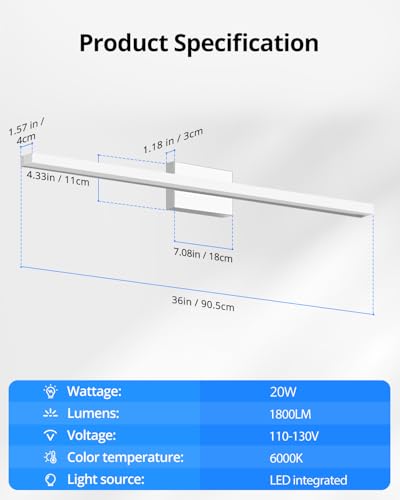 Image of Combuh Modern Vanity Lights for Bathroom Over Mirror, Wall Mounted Sconces | 36 Inch Extra-Long, Chrome, Gentle Shadow Free, Linear Lamp Bar, IP44 Rust-Resistant, Simple Slim, Daylight 6000K, 1 Pack