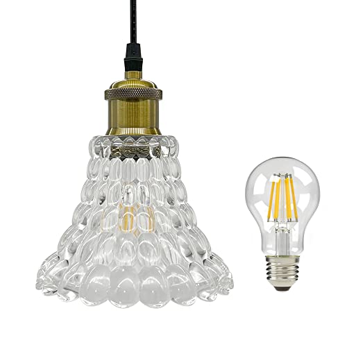 ペンダントライト ガラス LED電球付き フラワー 北欧 レトロ風 アンティーク E26 透明感 配線ダクトレール用 おしゃれ インテリア照明 照明器具 天井照明 雰囲気照明 ダイニング照明 花 (配線ダクトレール用, LED電球付き電球色)