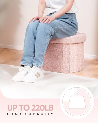 Image of B FSOBEIIALEO Storage Ottoman for Dorm Room, Boucle Folding Storage Ottoman Foot Rest, 16.14 Inches Small Collapsible Ottoman Cube for Living Room Pink